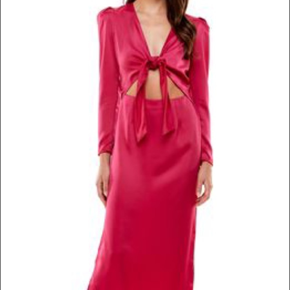 WAYF Poppy Tie Front Long Sleeve Cutout Midi Dress in Berry